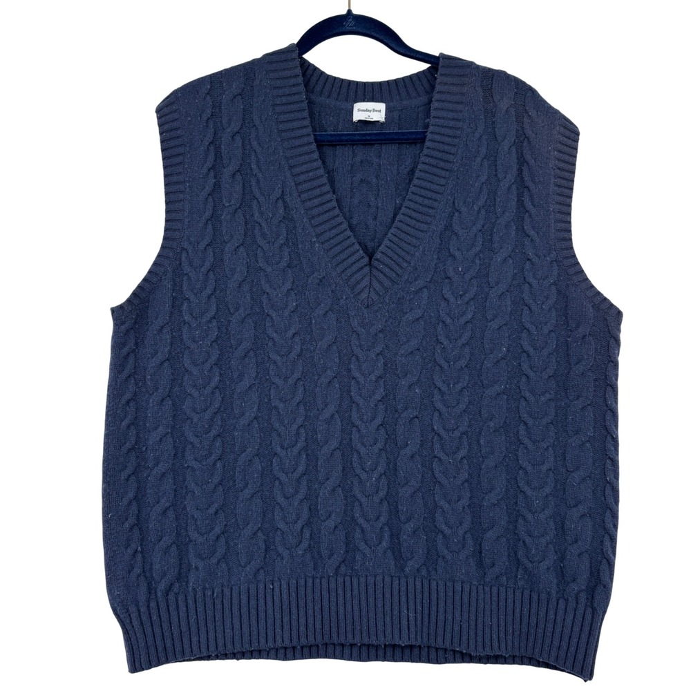 Sunday Best Cable Knit Sweater Vest Women Size M Navy Blue V-Neck Sleeveless